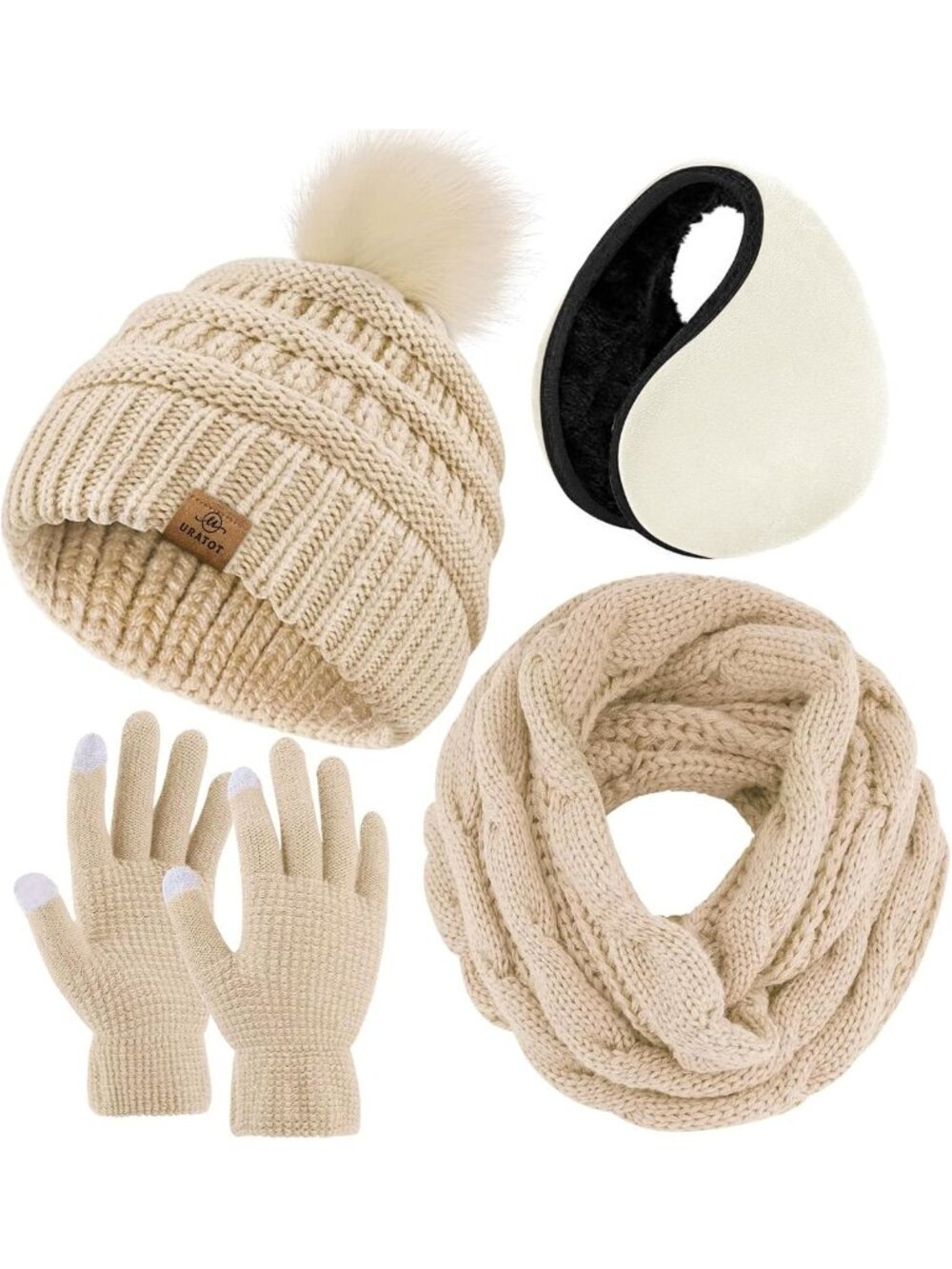 Cozy Winter Warm Set: Knitted Beanie, Scarf, Touch Screen Gloves & Ear Warmer